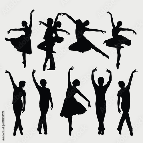 Graceful ballet and contemporary dancers silhouettes in various elegant poses, capturing movement and artistic expression. Vector, illustration