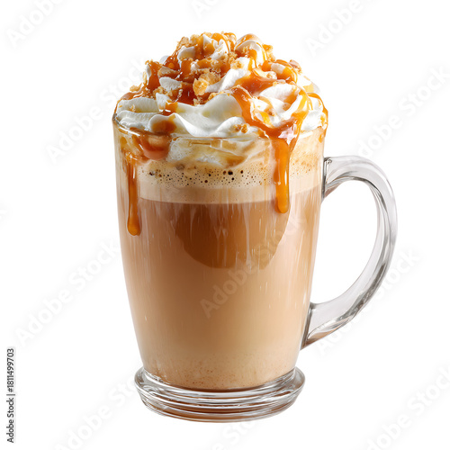 Delicious Caramel Latte with Cream on White Background for Ads, Blogs, and Menus