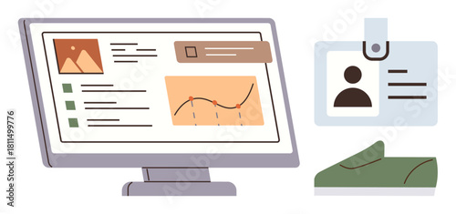 Computer displaying analytics and checklist, ID badge, and footwear symbolize productivity, professional identity, and personal comfort. Ideal for workplace, organization, technology, data career