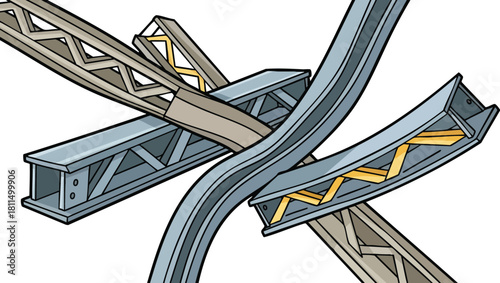 Abstract illustration of intersecting metal girders and beams in shades of grey and beige with yellow accents against a white background representing construction or structural engineering concepts