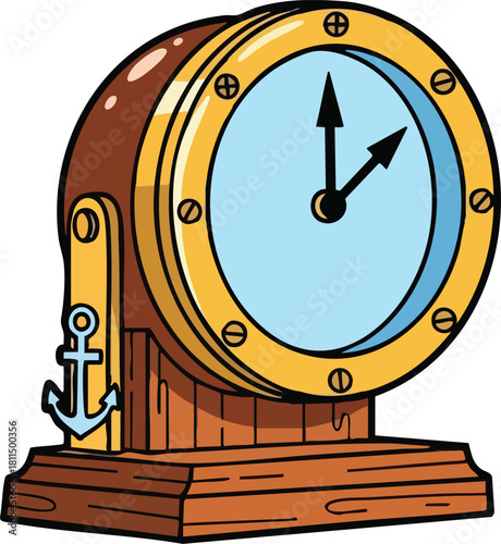 Nautical Style Table Clock With Anchor Detail On Wooden Base Showing Two O Clock