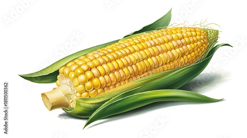 Wallpaper Mural Ripe Corn on the Cob with Green Leaves Isolated on White maize grain Torontodigital.ca