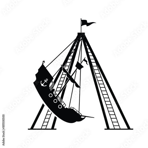 Pirate ship swing ride silhouette icon illustration for amusement park fun and carnival attraction graphic. Vector, illustration