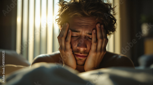 Mornings of weariness: A man wrestles with a restless morning, a close-up that shows an intimate portrayal of fatigue and the start of a new day.