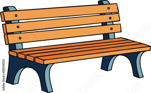 An orange slatted park bench with dark blue legs on a white background