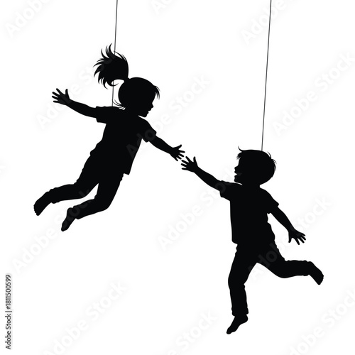 Childhood connection: silhouettes of a boy and girl reaching out, suspended in air, illustrating support, friendship, and care Vector, illustration