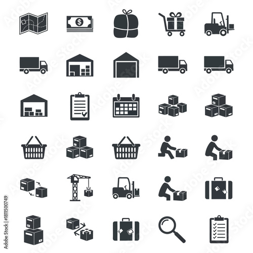 Logistics and shipping icons collection including delivery, warehouse, inventory, transportation, e-commerce services. Vector, illustration