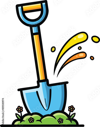 Cartoon Shovel Digging in Garden With Splashing Dirt and Flowers