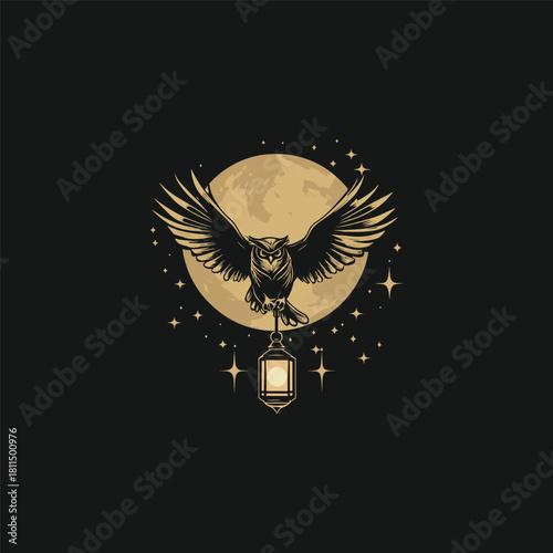 vintage illustration of a majestic Great Horned Owl in flight, holding an antique lantern against a large full moon and starry night sky