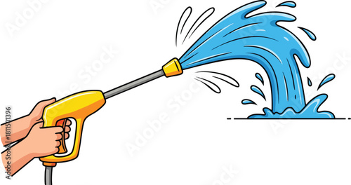 Hands Holding Yellow Pressure Washer Spraying Blue Water Onto Surface with Splash