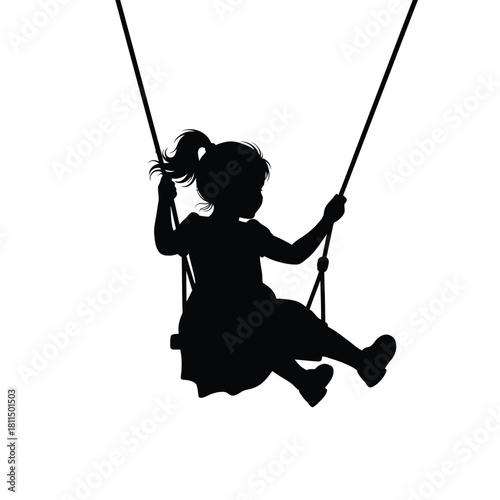 Silhouette of happy young girl with ponytail enjoying playtime on a swing, swinging joyfully outdoors Vector, illustration