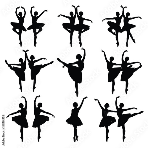 Elegant ballet dancer silhouettes showcasing various graceful poses, perfect for dance and artistic concepts, performance. Vector, illustration