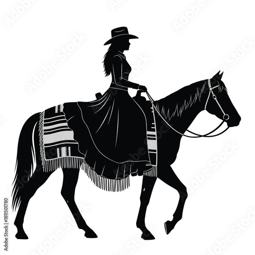 Silhouette illustration of a woman in a wide-brimmed hat and charra dress riding a horse, side view, on white Vector, illustration