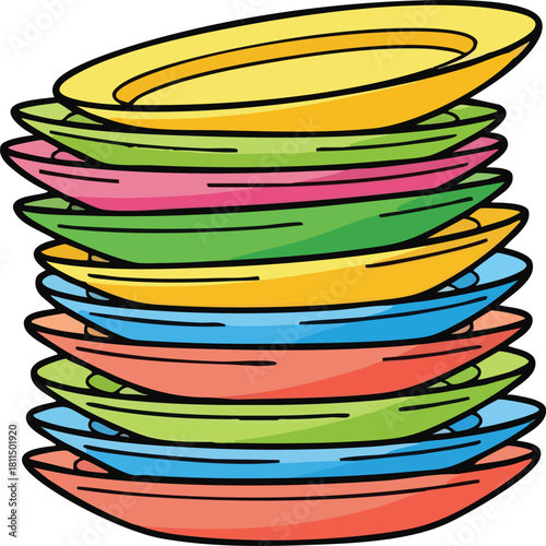 Tall Stack Of Colorful Plates In Various Bright Hues Of Yellow Pink Green Blue And Orange Against A White Background
