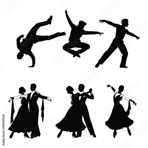 Dynamic dance silhouettes: energetic male figures in dynamic poses and elegant ballroom couples performing moves Vector, illustration