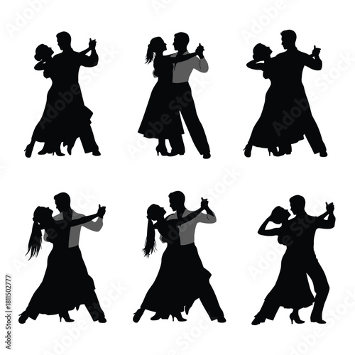 Elegant silhouettes of diverse couples performing various passionate ballroom and latin dances on a clean white background. Vector, illustration