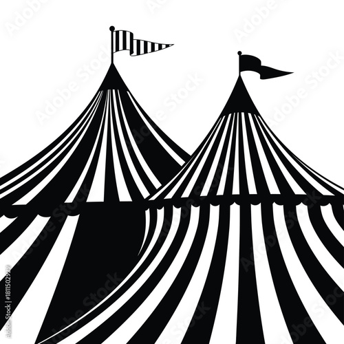 Classic circus tent duo with striped patterns and flags, evoking vintage entertainment and showtime excitement. Vector, illustration