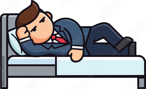 Pixel Art Businessman Sleeping Peacefully on Bed in Blue Suit and Red Tie Under Soft Light