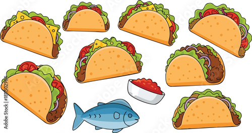 Pixel Art Tacos Fish and Salsa White Background Vibrant Colors