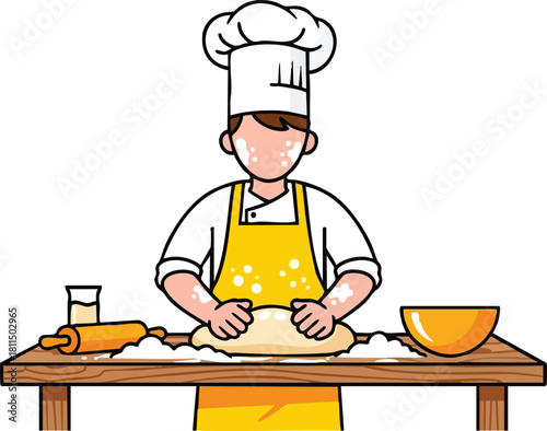 Baker in Yellow Apron and Chef Hat Kneading Dough on Wooden Table with Rolling Pin and Bowl
