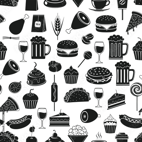 Seamless pattern featuring various fast food and beverage silhouettes on white background for design. Vector, illustration