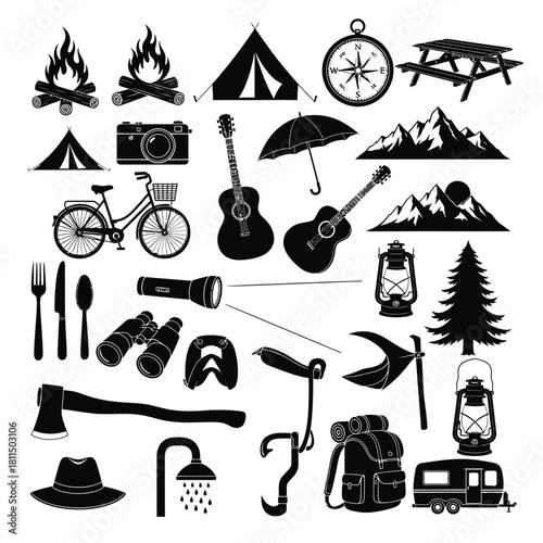 Outdoor adventure and camping icons set: travel, hiking, recreation, nature exploration essentials vectors Vector, illustration