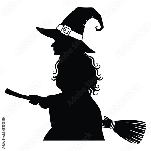 Mystical flying witch silhouette with pointed hat, buckled belt, and broomstick, ideal for fantasy designs and halloween themes. Vector, illustration