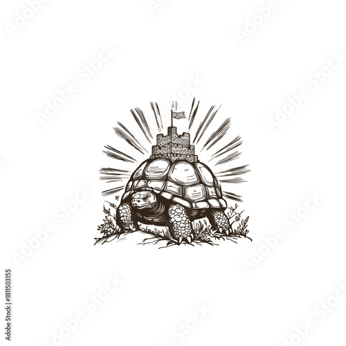 vintage engraving illustration of a large turtle carrying a castle tower with a flag on its shell, surrounded by leaves and glowing sunburst rays