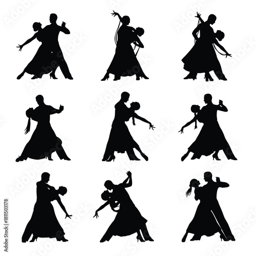 Nine elegant ballroom and latin dance couples silhouettes in various dynamic poses on a bright white background. Vector, illustration