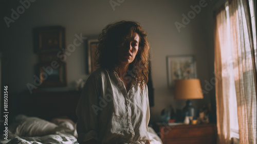 Woman Sitting on Bed in Bedroom by Sunlit Window.