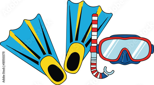 Blue Snorkel Fins and Mask with Red Frame and Striped Tube for Underwater Exploration