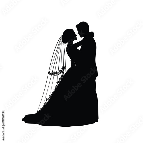 Silhouette of a bride and groom embracing on their wedding day, symbolizing love, union, and commitment. Vector, illustration