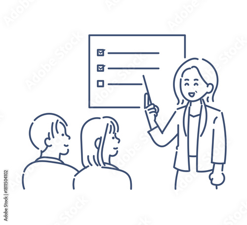 部下に指導を行う40代女性のイラスト　線画のみ