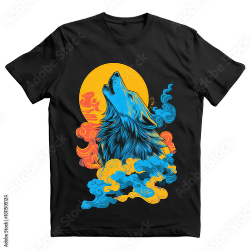 Black t-shirt featuring a stylized blue wolf howling at a bright orange moon amidst colorful clouds