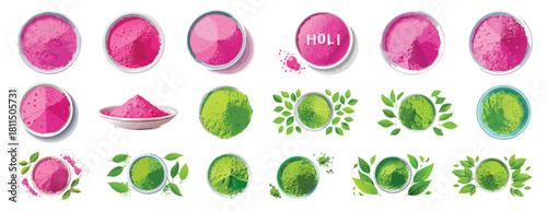 Holi Gulal and Green Powder Bowls Collection Top View Vector Set