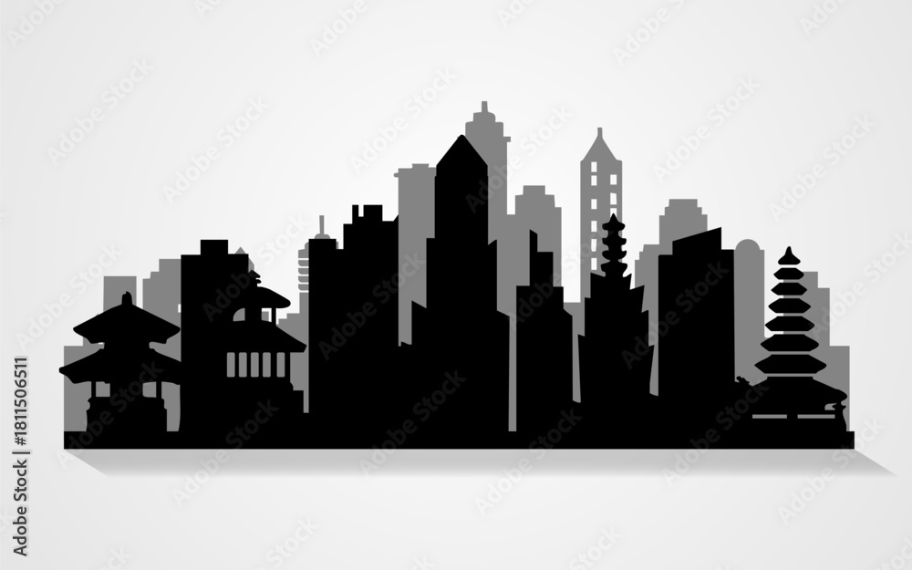 Fototapeta premium Asian City Skyline Silhouette Building and Temple Illustration.Vector illustration.