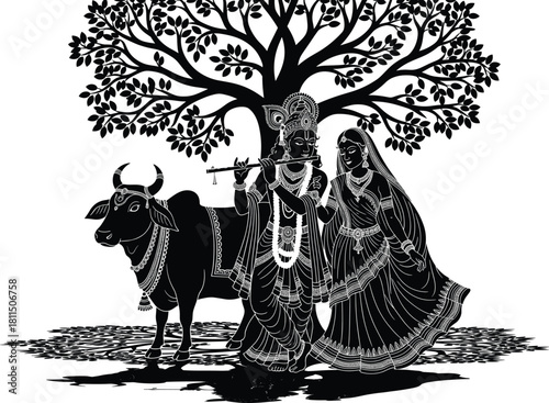Black silhouette of Lord Krishna playing flute and Radha under tree with cow, vector illustration for Indian religious festival Janmashtami, spiritual divine love art