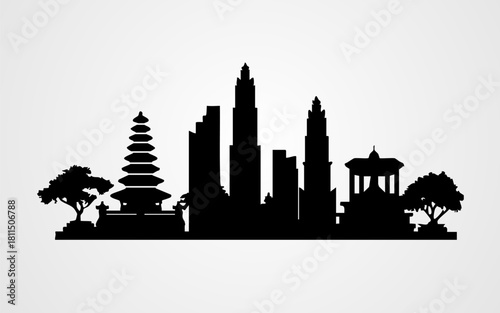 Indonesia City Skyline Silhouette Temple and Modern Building Illustration. Vector illustration.