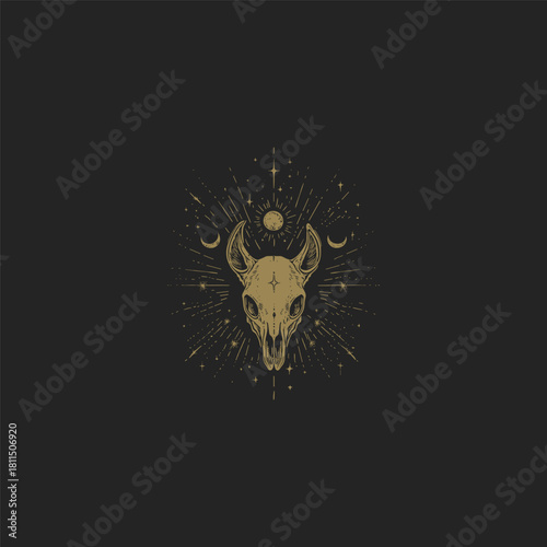 Mystical vintage illustration of an animal skull fox head with a central star, surrounded by cosmic elements, stars, and a moon in a dark