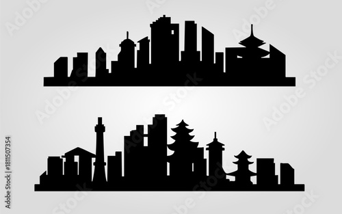 Asian City Skyline Silhouette Temple and Modern Building Set Illustration. Vector illustration.