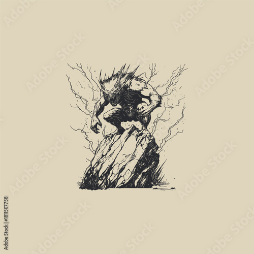 beast vector illustration crouched on a rugged rock with lightning bolts striking around it, rendered in a detailed, aggressive, dark engraving style