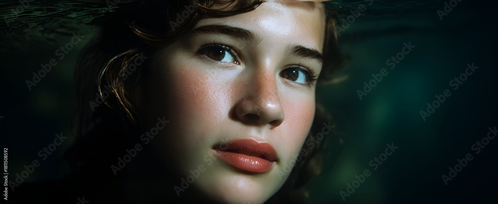 Naklejka premium Underwater portrait session highlighting tranquility beneath the water's surface.