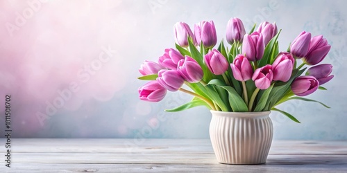 Fresh pink tulips arranged in a elegant bouquet and placed in a decorative vase with violet flowers