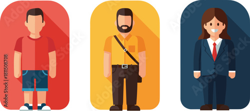 Flat vector illustration of diverse people including casual boy, bearded man, and businesswoman, modern character design with colorful backgrounds