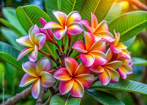 Colorful plumeria flowers in full bloom on a lush green tree branch