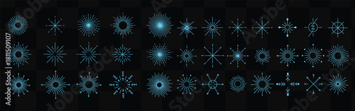 Collection of light blue starbursts and sunbursts on a black checkered background for graphic design use