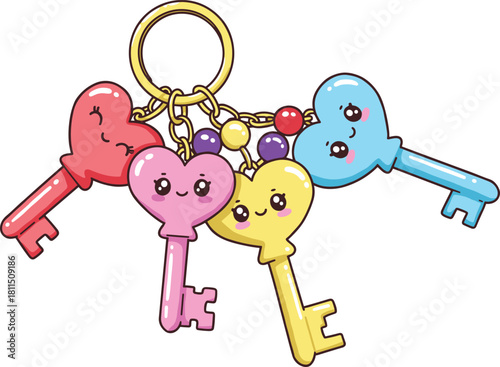 Cute colorful kawaii heart keys on golden keychain illustration, adorable smiling cartoon key clipart for stickers, crafts, printing and decoration.