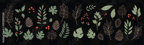 Botanical pattern featuring leaves berries and pine cones on a dark checkered background design art