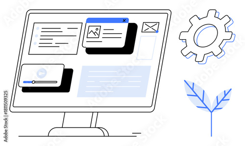 Desktop screen featuring multimedia windows, email, video, and messages. Gear and leaf symbolize technology and eco-friendliness. Ideal for innovation, efficiency, ecology, UI design productivity