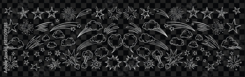 Handdrawn comic elements featuring stars explosions clouds and speed lines for graphic design use